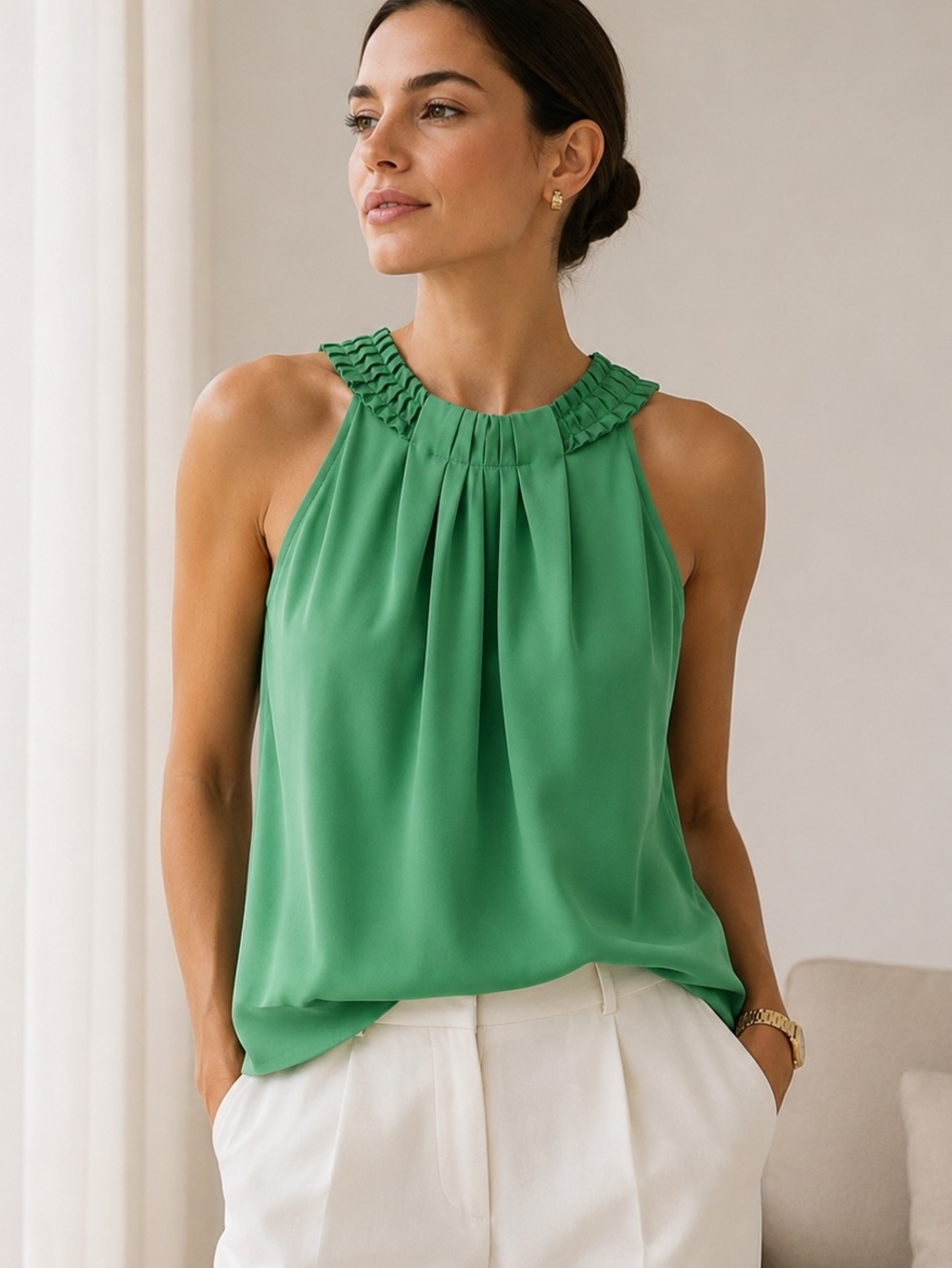 The Limited Pleated Halter Top Green Sleeveless Quiet Luxury Blouse Size S